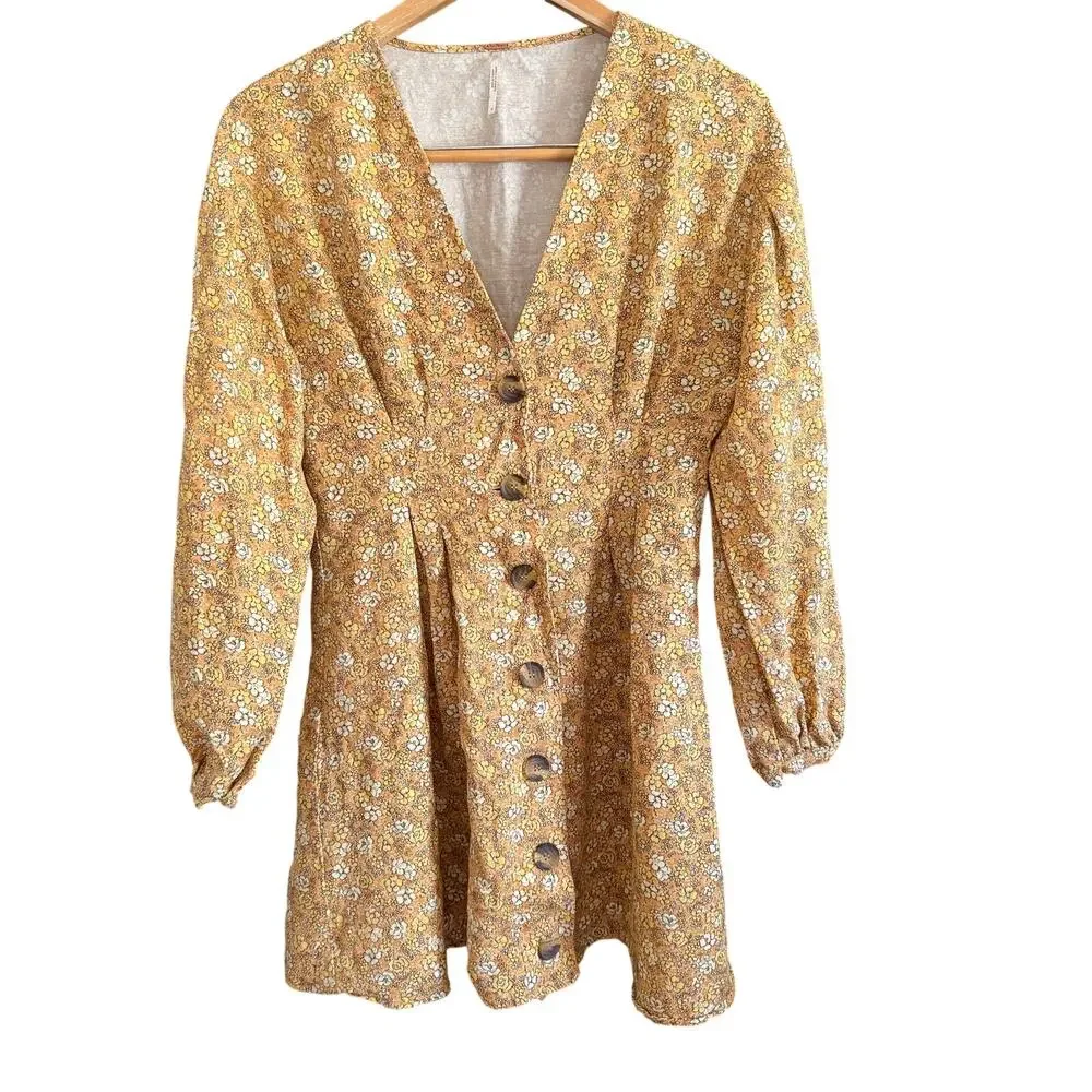 Free People Portobello Dress Mustard Yellow Linen Blend Twill Floral Dress | 4